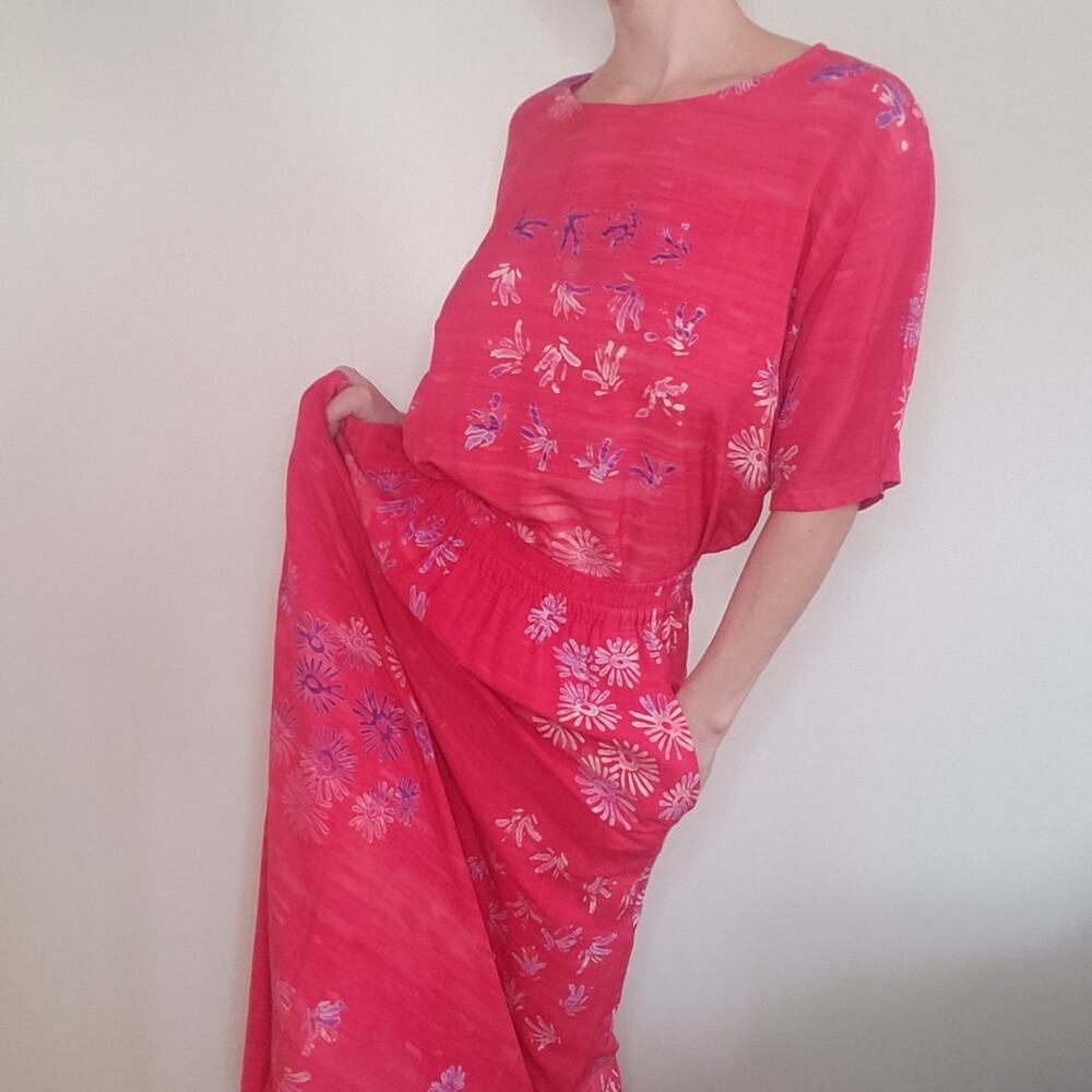 Vintage 90s Rayon Coral 2 Piece Matching Maxi Skirt Set Size Medium